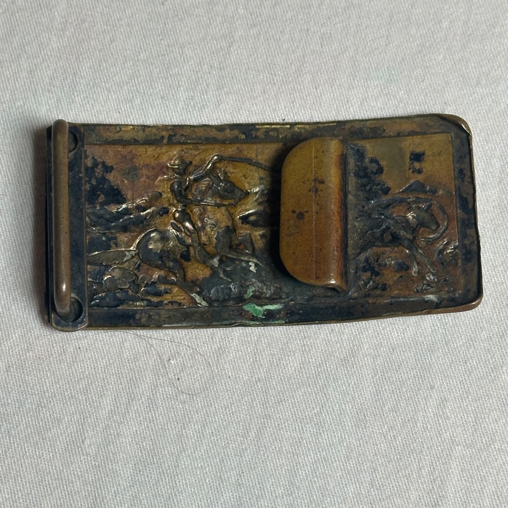 Vtg Brass Western Cowboy Horseback Roping Calf Belt Buckle Rectangular Patina - Picture 3 of 5
